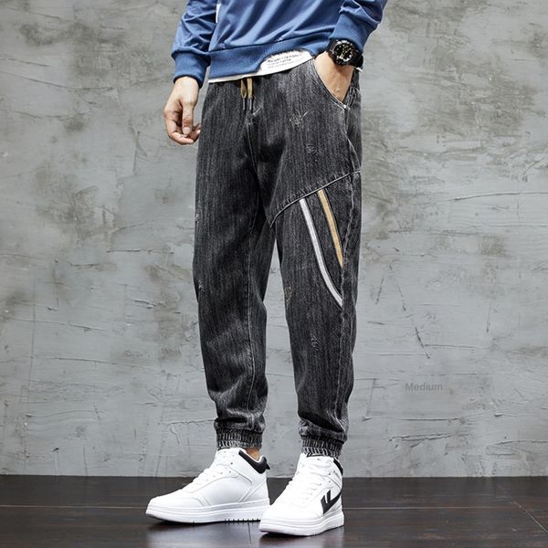 

мода бр упругие талии онлайн знаменитости джинсы мужские корейский стиль сыпучие лодыжки связали шаровары tiktok большие джинсы и jeanspants, Blue