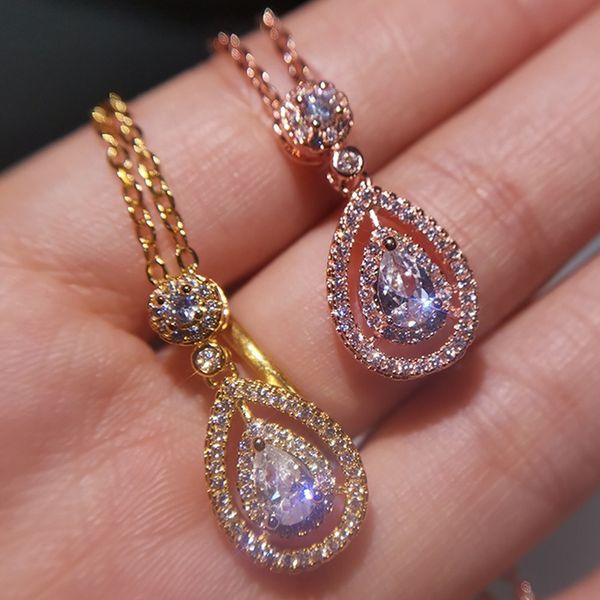

gold plated necklace crystal zircon clavicle chain drop pear shaped pendant necklace women jewelry, Silver