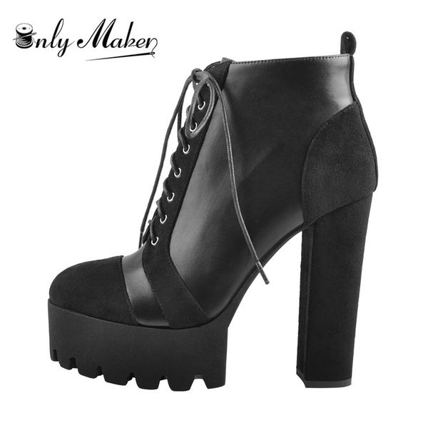 

onlymaker women platform 13~14cm heels lace-up flock ankle boots thick high heel zip for women plus size, Black