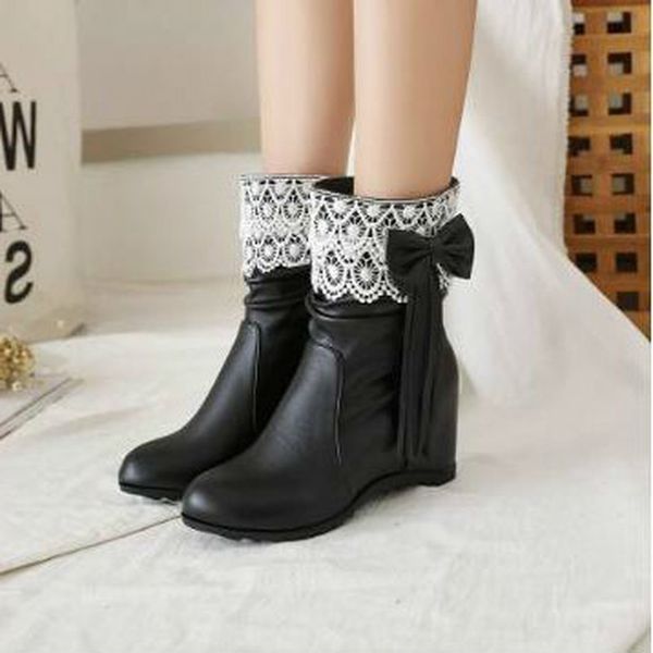 

women ankle boots gladiator flats shoe plus size autumn wam height incleasing shoes booties pu leather shoe botas mujer d2049, Black
