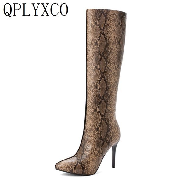 

qplyxco leather shoes woman knee high boots stiletto high heels10cm pump autumn winter boots women riding 8753, Black