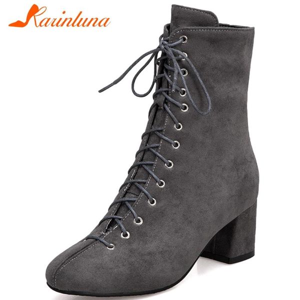 

karin big size 34-45 ladies 2020 elegant fashion boots round toe chunky heels cross tied zip women boots ankle women shoes, Black
