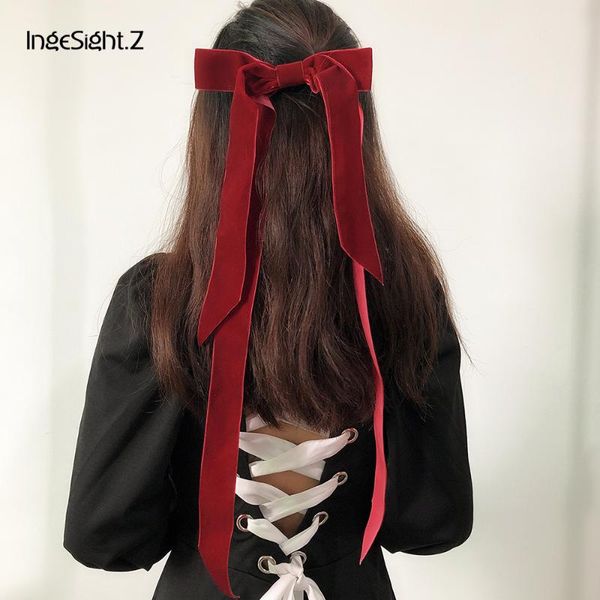 

ingesight.z sweet cute velvet bow with clip big bow tie hairpins red color long tassel hairclip for women girls hair accessories, Golden;silver