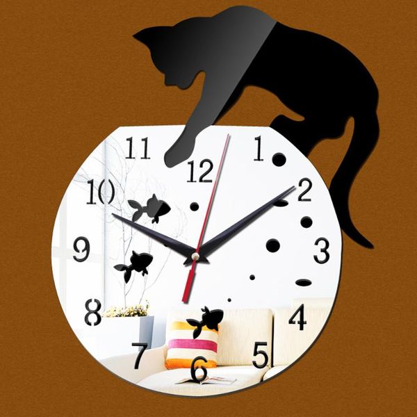 

living room acrylic mirror lightweight modern cartoon cat unique cute easy install mute running decoration waterproof wall clock