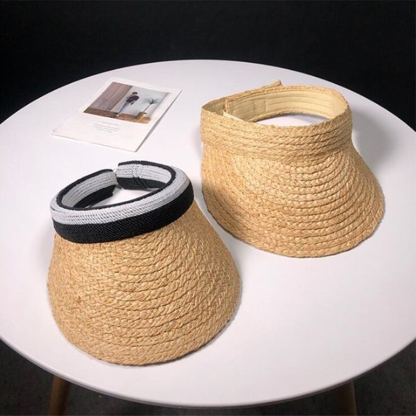 

seioum 2020 new summer hat female fashion bow lafite hat adjustable wide brim sun without lafite straw beach visor, Blue;gray