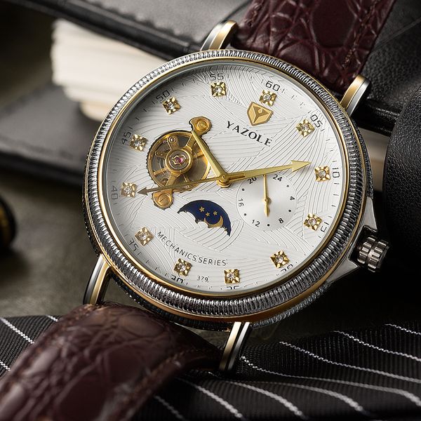 

high-end semi-automatic tourbillon mechanical brand watch fashion business mens waterproof mens analog watch, Slivery;brown