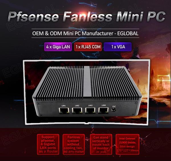 

mini pcs eglobal pfsense fanless pc intel celeron j1900 4*intel wg82583 gigabit rj45 lan firewall router security server computer