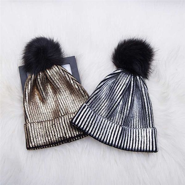 

silver bright color knit cotton beanies hat women big fur skullies caps silver gold hats winter warm hat, Blue;gray
