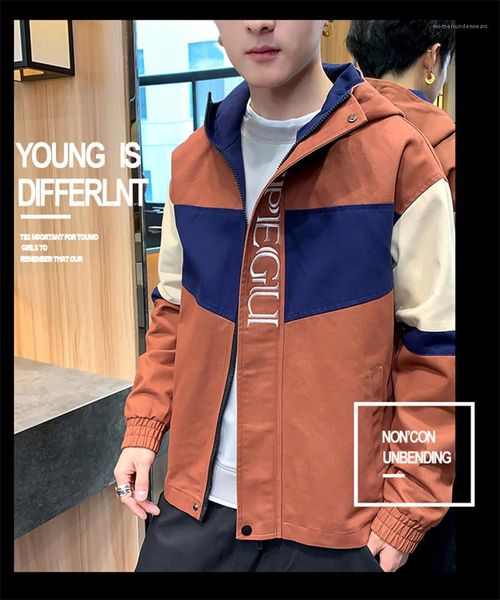 

coats hooded collar long sleeved letter jacket mens spring autumn contrast color jacket with pockets mens patchwork zipper, Black;brown