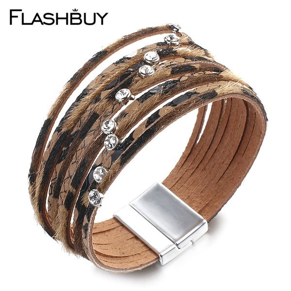 

flashbuy leopard rhinestone geniune mulitilayer leather bracelets for women simple vintage wrap bracelets fashion female bangles, Golden;silver