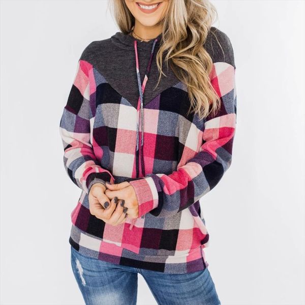 

women hoodies casual sweatshirts long sleeve plaid color block hooded pullover hoodie streetwear ladies hoodies sudadera mujer, Black