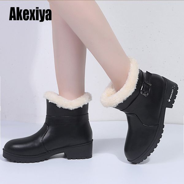 

women snow boots leather black round toe platform brand female winter fur ankle boots handmade large size u316