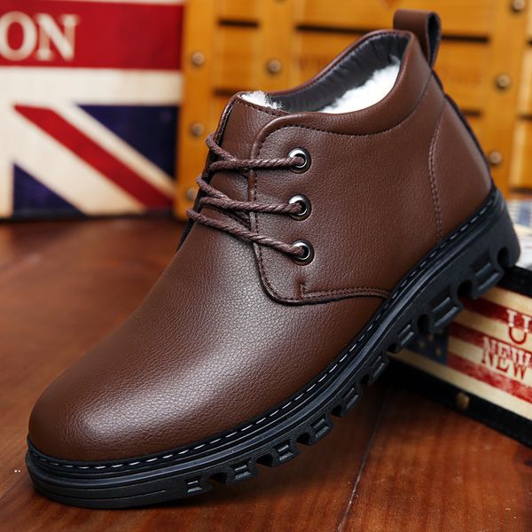 

winter boots men business casual men shoes leather dress high-shoes boots plush warm slip-on, Black
