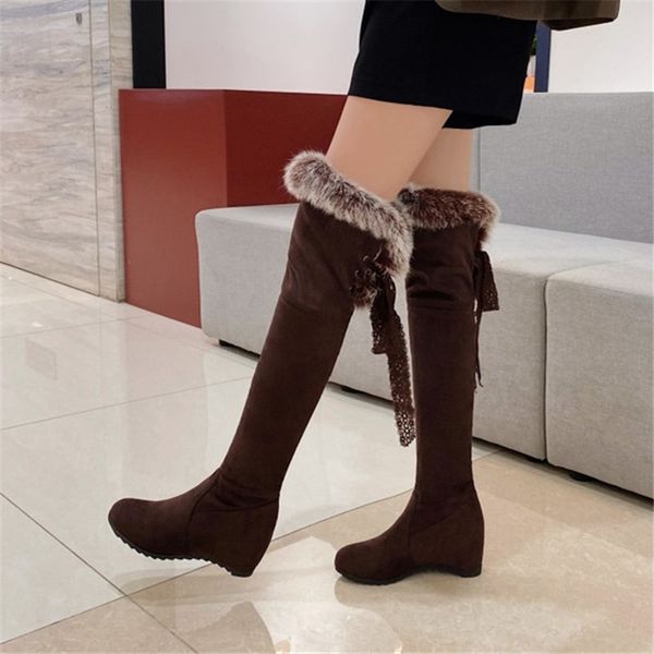 

pxelena plus size 34-43 women hidden high heel over the knee boots flock suede faux fur lady winter shoes riding long boots 2020, Black