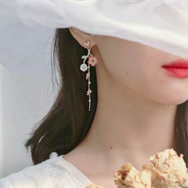 

japanese korean new shell flower earrings for women ladies ins jewelry crystal pearl asymmetric earing delicate gift, Silver