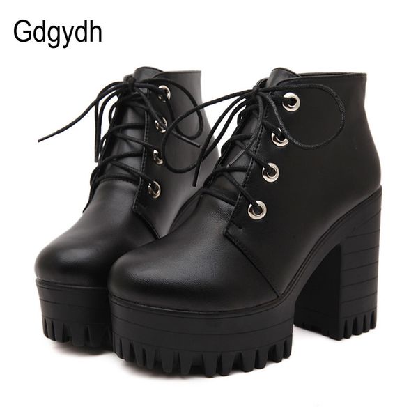 

gdgydh brand designers 2020 new spring autumn women shoes black high heels boots lacing platform ankle boots chunky heel leather