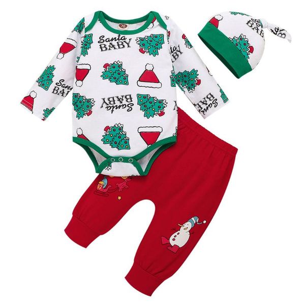 

autumn winter newborn infant baby boy girl christmas long sleeve cartoon romper bodysuit pants hat kid clothes set outfits, White