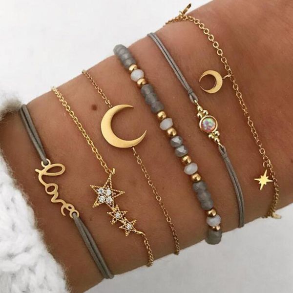 

6 pcs/ set retro hollow star moon love crystal chain pendant gold bead bracelet female classic multilayer leather bracelet set, Black