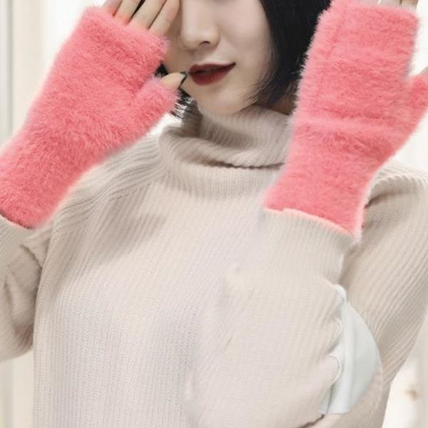 

fleece hand warmer plush faux fur half fingerless wrist gloves stretchy fashion winter warm women student mitten, Blue;gray