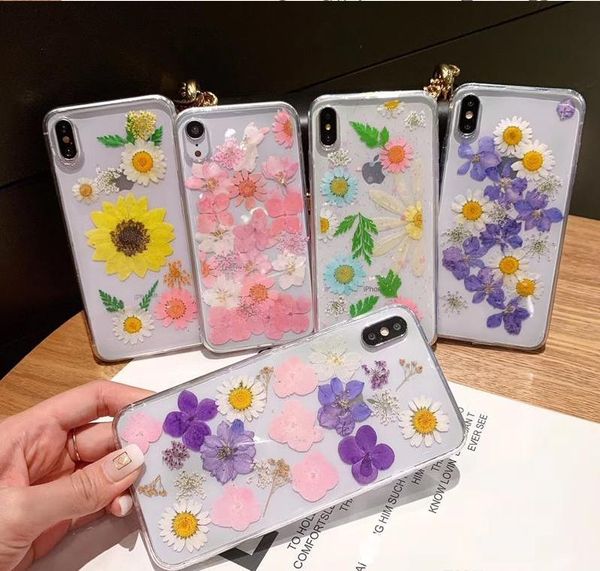

luxury beauty dried real flowers transparent soft tpu silicone back cover case for iphone xr xs max x 8 7 6 6s plus