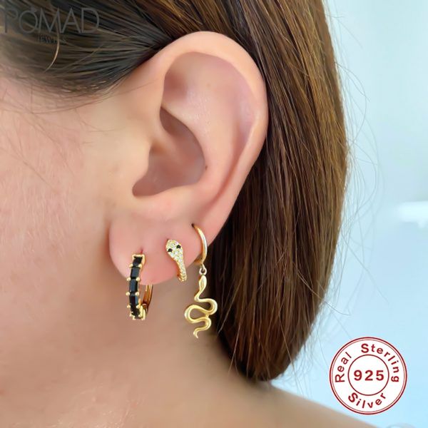 

romad luxury 100% 925 sterling silver hoop earrings bling snake huggie earrings for women fine jewelry serpiente pendientes w4, Golden;silver