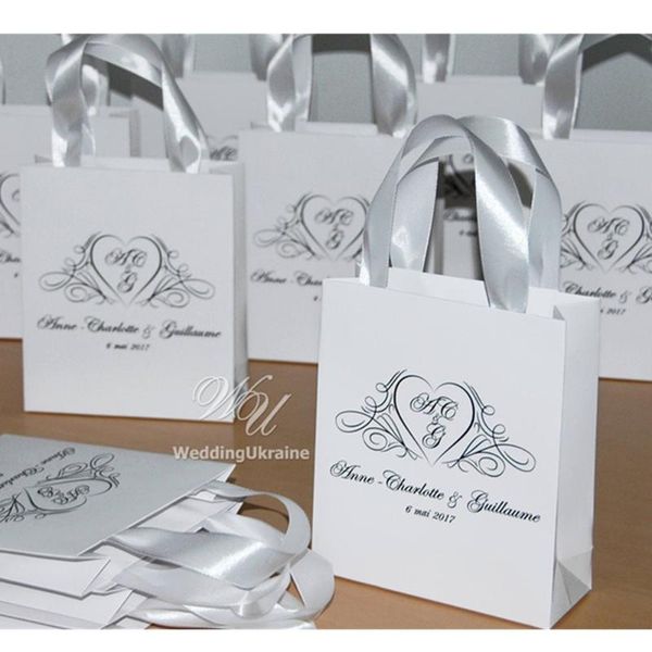 

personalized wedding gift bags for guests with satin ribbon and names elegant black & white and favors wedding welcome bags