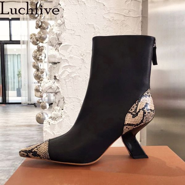 

strange high heel ankle boots women brown black snake skin leather boots runway t-show fashion dress shoes autumn short