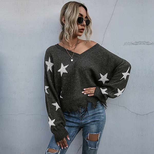 

women's sweaters loose hipster women knit cool sweater 2021 winter lady pullover star tassel knitted batwing-long-sleeve dark gray, White;black