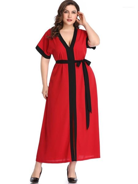 

designer v-neck short sleeve sashesdresses women fashion oversize clothes women 5xl patchwork summer dress woman, Black;gray