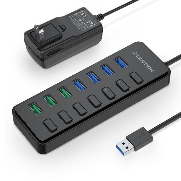 

7 ports usb 3.0 hub splitter with 4 port usb hub + 3 fast charging port, 36w (12v/3a) power adapter and individual on/off