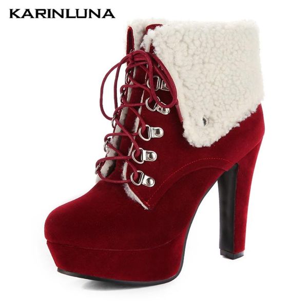 

karin new arrival snow short plush keep warm women boots sweet cross-tied platform spike heels ankle winter boots, Black