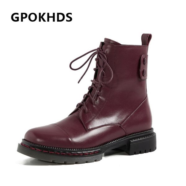 

gpokhds 2021 women ankle boots cow leather winter short plush round toe zipper med heels female riding boots size 40, Black