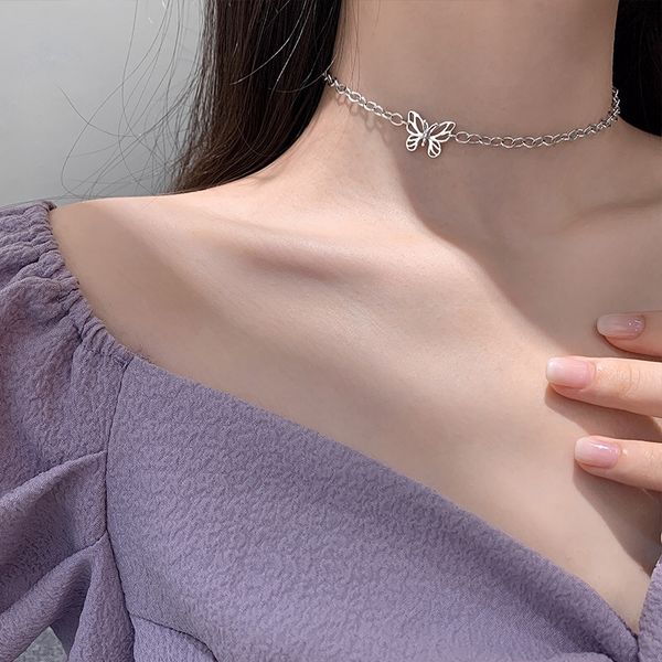 

chokers hollow butterfly short choker clavicle chain silver color necklace for women girls luxury dainty metal jewelry gifts, Golden;silver
