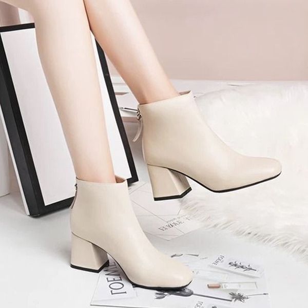

high-heeled short boots women thick-heeled soft leather chunqiu period single british boots white square toe boots, Black
