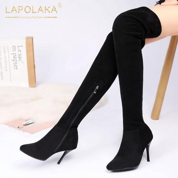 

boots lapolaka 2021 fashion concise elegant women shoes zipper thin high heels stretch boot over the knee female, Black
