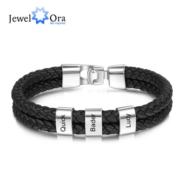 

jewelora personalized engraved family name beads bracelets black braided leather stainless steel bracelets for men fathers y200810, Golden;silver