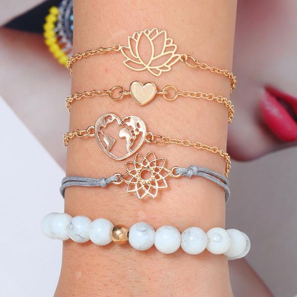 

women fashion bohemian gold chain lotus heart map charm bracelets sets lovers gift luxury bohemian style female bracelets, Golden;silver