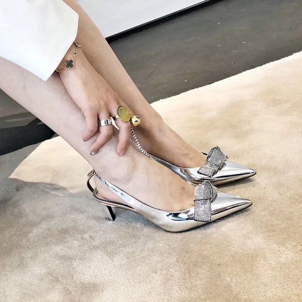 

Women's New Fashion Rhinestone Elegant Metallic Silver High heeled Stiletto Shoes Pointed-Toed Party Office Pumps Slingbacks