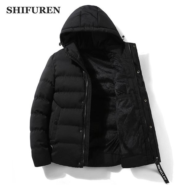 

shifuren 2020 winter jacket men thick warm fleece solid color men's coat cotton banded male causal hooded parkas outerwear, Black