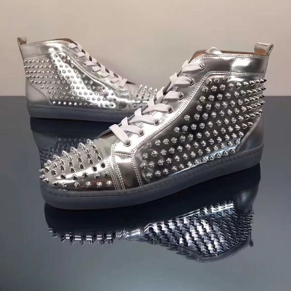 

high red bottom spikes sneakers men casual shoes sliver patent leather with spikes sneaker shoes genuine leather men's,women's tra, Black
