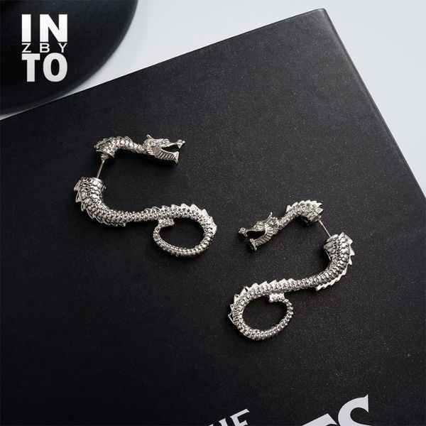 

stud into punk style dragon double sided earrings for women statement silver color fashion jewelry party gift, Golden;silver