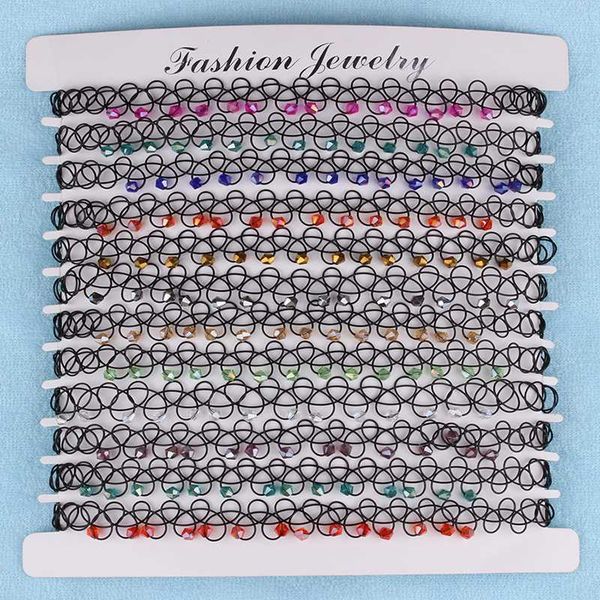 

12 pcs/pack fashion color crystal tattoo choker necklace vintage punk elastic necklace women jewelry, Golden;silver
