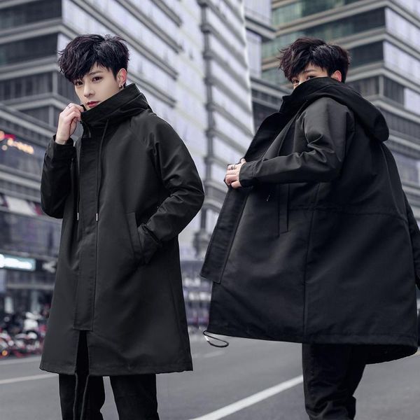 

spring hoodies brand 2020 new long trench coats fashion hooded solid windbreaker pocket jackets men 1903, Tan;black