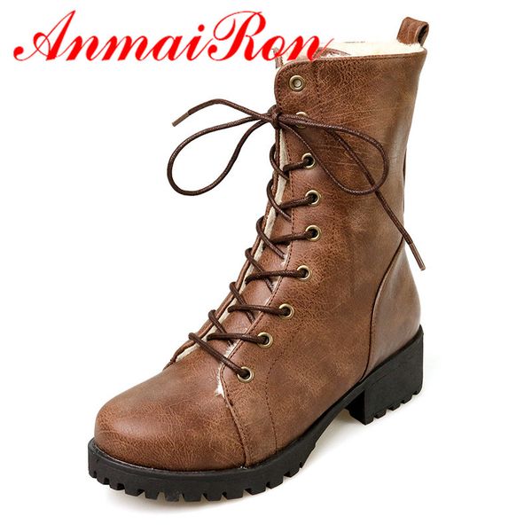 

anmairon новый низкие каблуки мотоцикл сапоги обувь женщина шнуровке круглый toe большой размер 34-43 зимы теплые середины икры сапоги для ж, Black