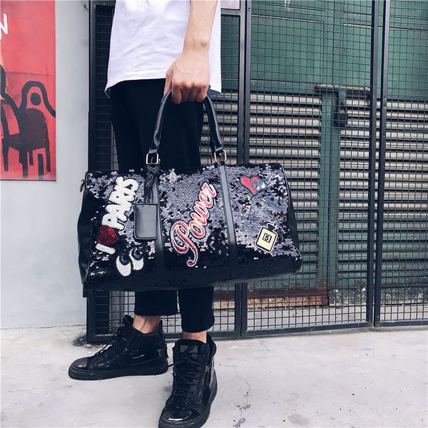 

fashion travel bag sequins overnight bag portable duffle bags large capacity quitte bags for women men big weekend tote pink 200921