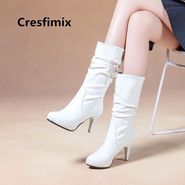 

women casual white pu leather high heel boots female cool comfortable black boots female cute street botas de mujer e3231