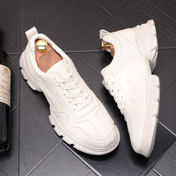 

new arrival white leather men sneaker loafers increase high work shoes lace-up casual shoes ankle boots chaussure homme, Black