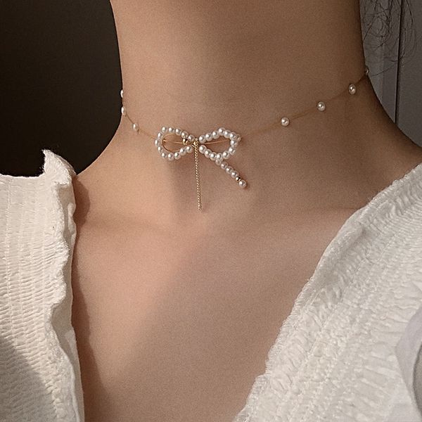 

aomu korean elegant cute pearl bowknot pendant choker jewelry for women girl fashion wedding chain necklace bijoux colares gifts, Golden;silver