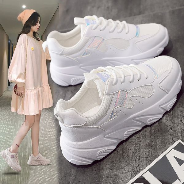 

chunky sneakers women shoes woman flats 2020 new lace up thick bottom casual shoes solid leather comfortable students, Black