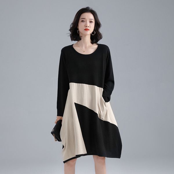 

early autumn lazy style loose large size pullover dress dressround neck pullover knitted dress 2020 new korean style stitching contrast colo, Black;gray